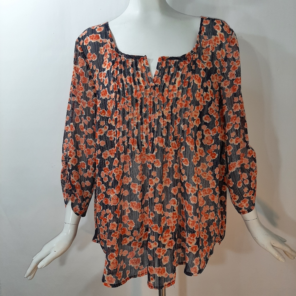 Torrid Top Plus Size 2X Blue Orange Floral Pleats Flowy Sheer Ruched 3/4-Sleeve